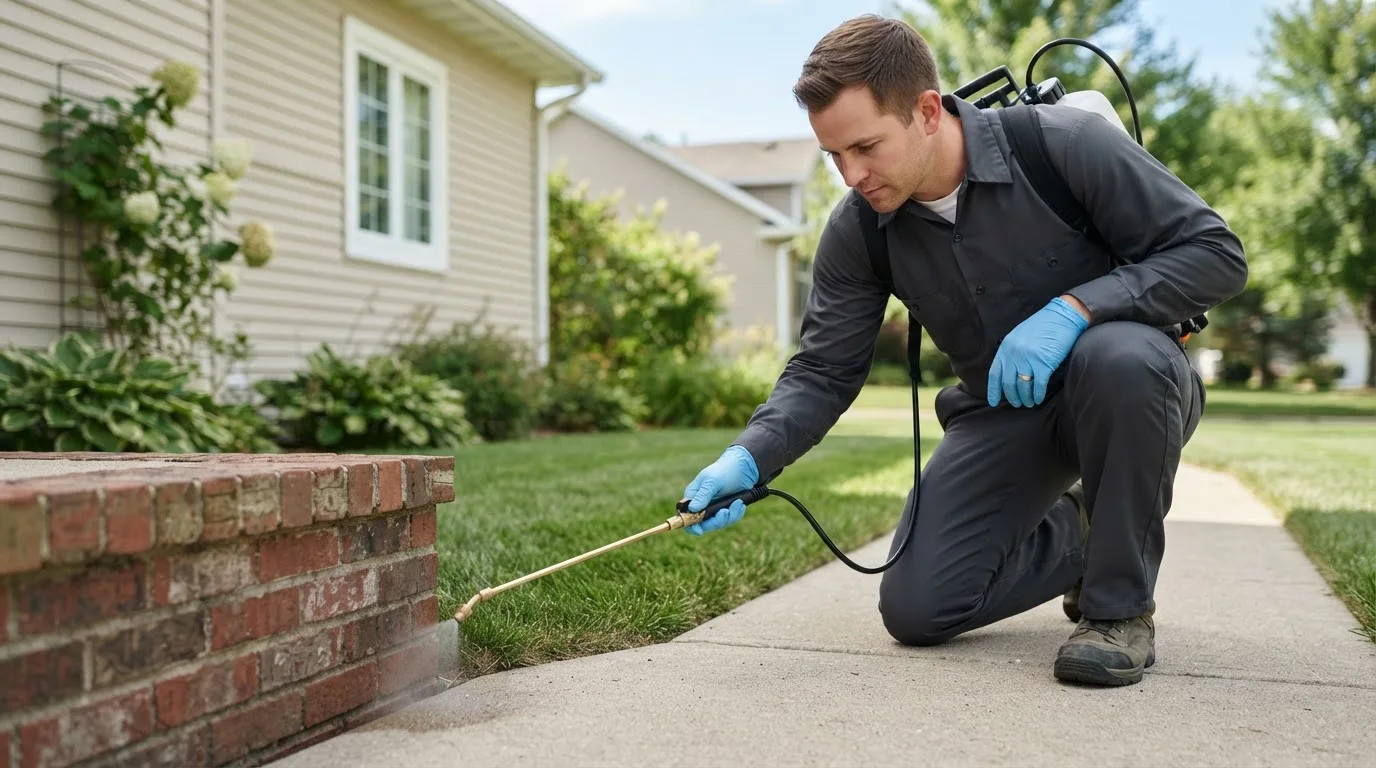 Pest control technician treating a home near Harmony, IN