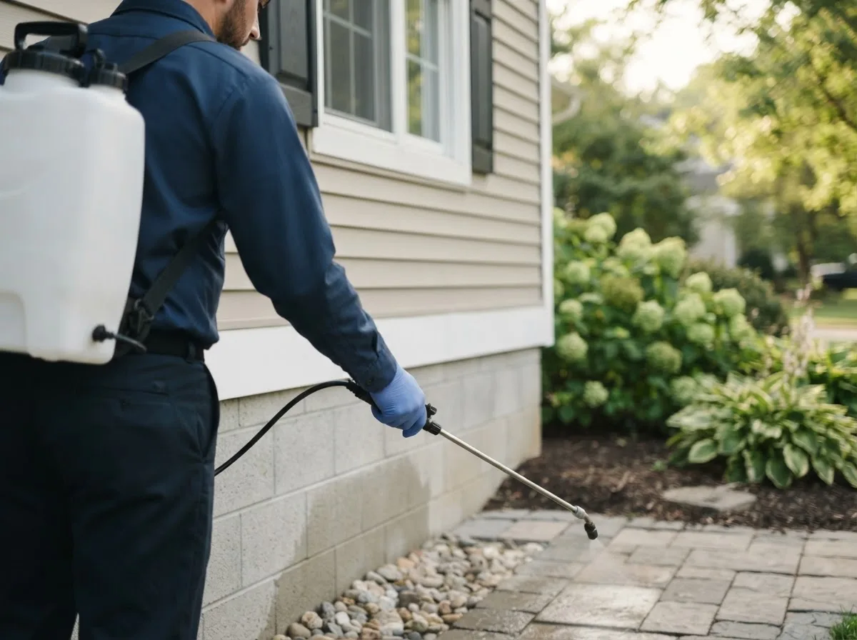 Pest control technician inspecting a home in Harmony, IN